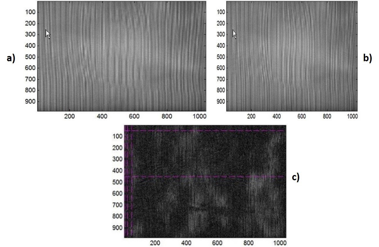 Fig. 9. a) Imagen de referencia. b) Imagen deformada. c) Sustracción de imágenes. Escalas en pixeles para ambos ejes.