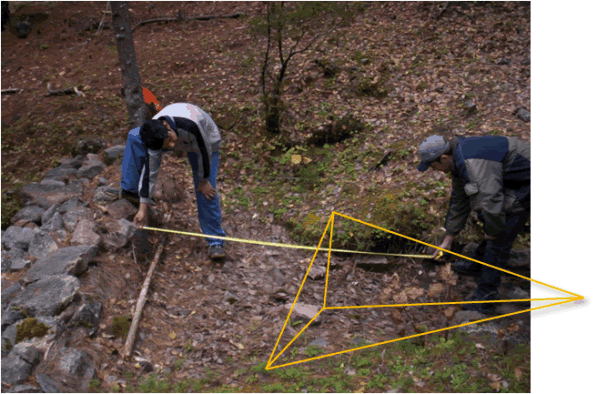 Sedimento en forma piramidal con base triangular, la base triangular está formada por la forma de la cárcava en “V”, que topa en la obra de conservación. 